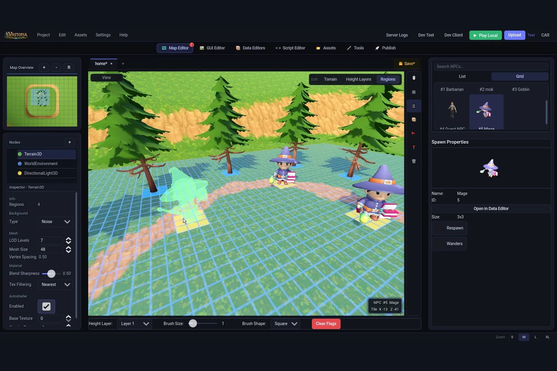 The Vastopia map editor — placing NPC spawns and editing terrain in a 3D game world
