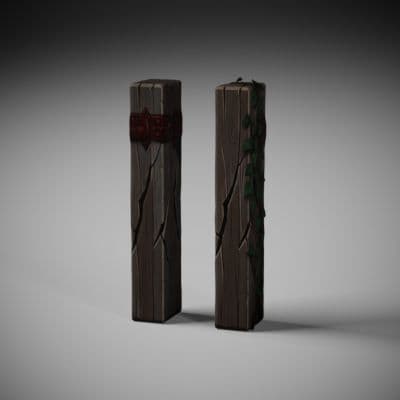 Ivy-Wrapped Wooden Gatepost Pair