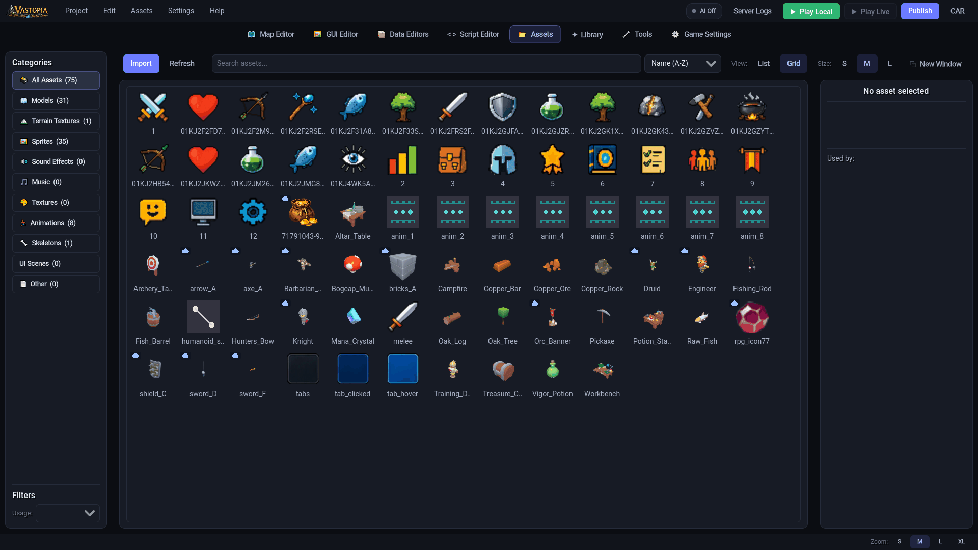 The Assets tab. The rail counts every category; the right panel shows what uses the selected asset The Assets tab: the category rail with per-type counts, the import toolbar, a grid of asset thumbnails, and the Used-by panel