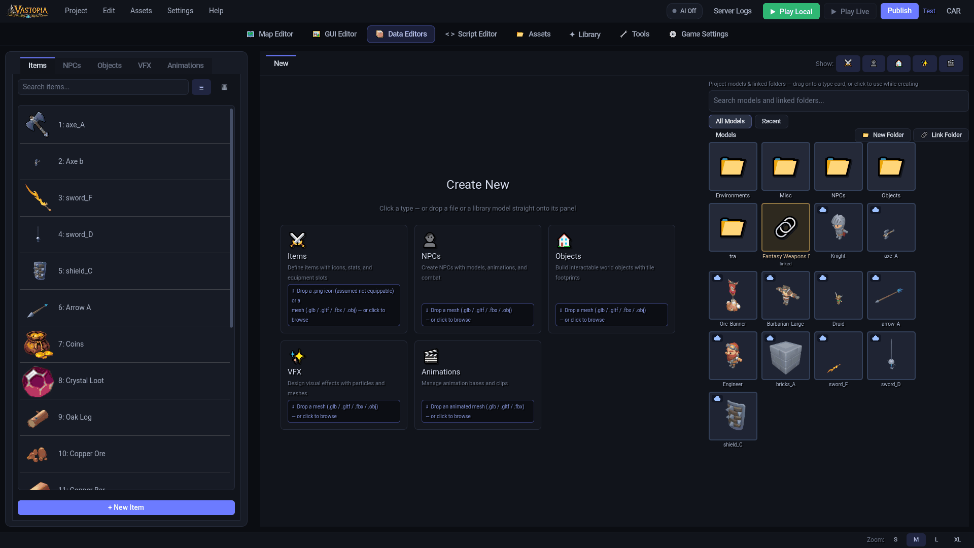The Data Editor: the Items tab listing items with their icons, and the Create New panel offering Items, NPCs, Objects, VFX and Animations