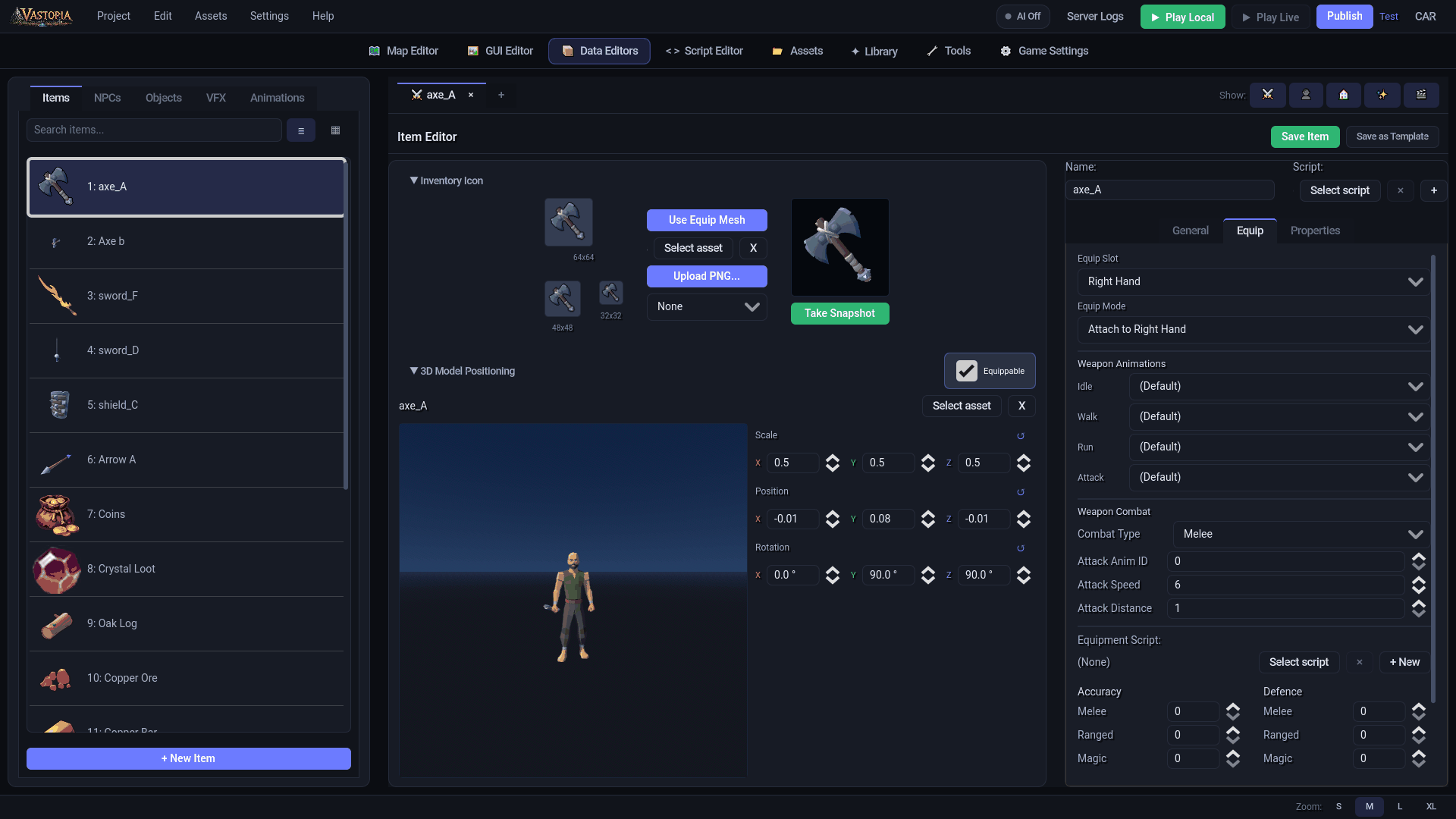 An axe selected: Equip Slot is Right Hand and the model is positioned on the character The item editor: inventory icon sizes, the 3D positioning preview on the player model, and the Equip tab with slot, mode, animations and combat fields