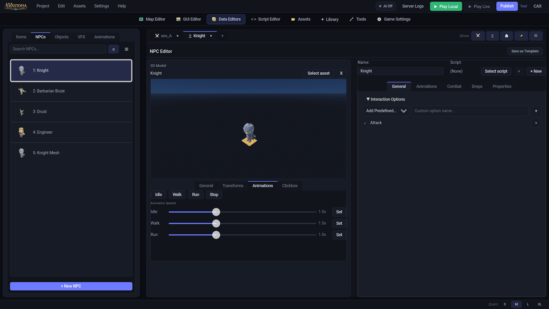 An NPC selected. Interaction options are added from Add Predefined or typed as a custom name The NPC editor: the model preview with its animation controls, and the General tab's interaction options