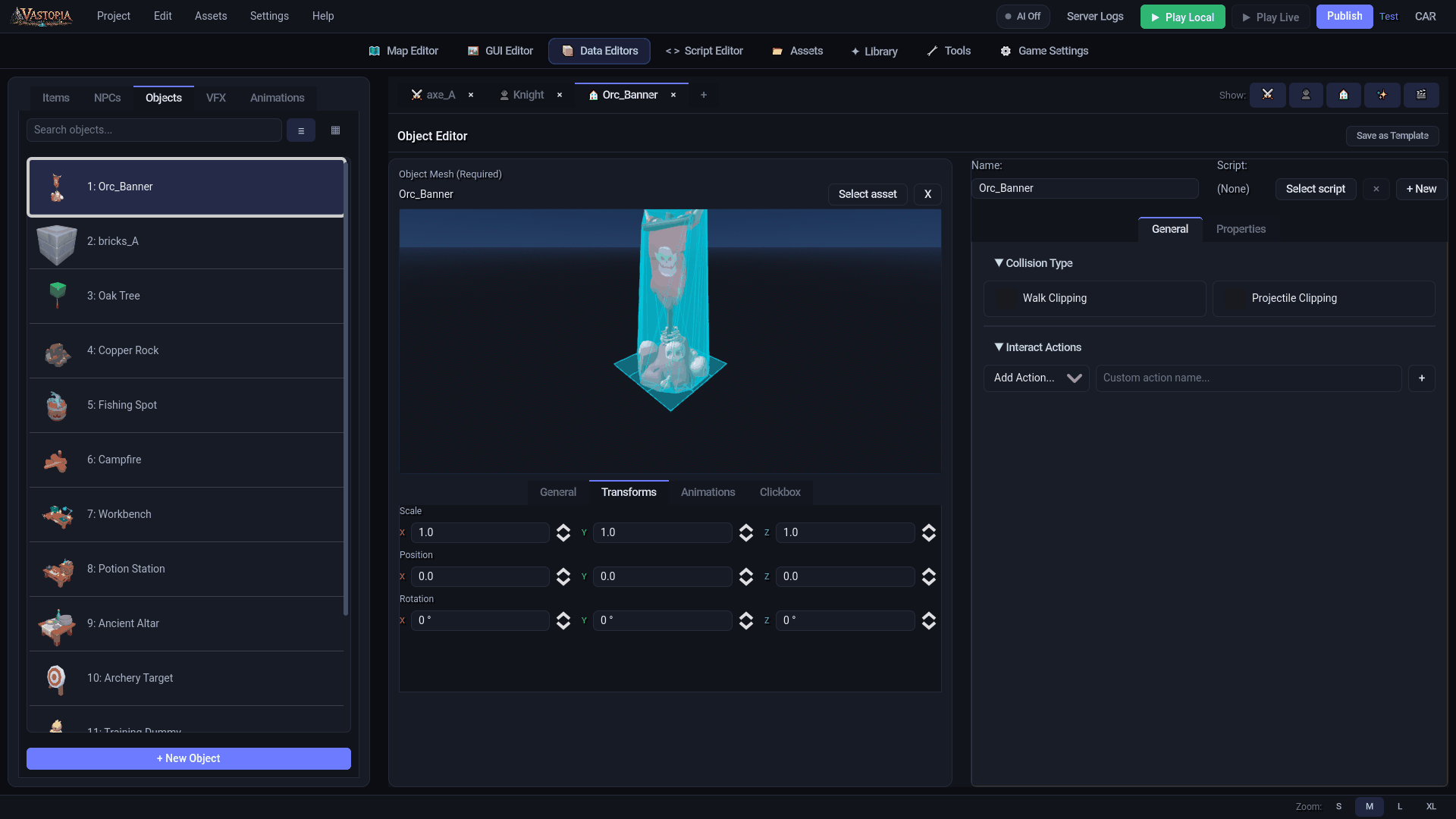 An object selected. Walk Clipping and Projectile Clipping set what the object blocks The object editor: the mesh preview with its clickbox, the Transforms tab, and the General tab's collision type and interact actions