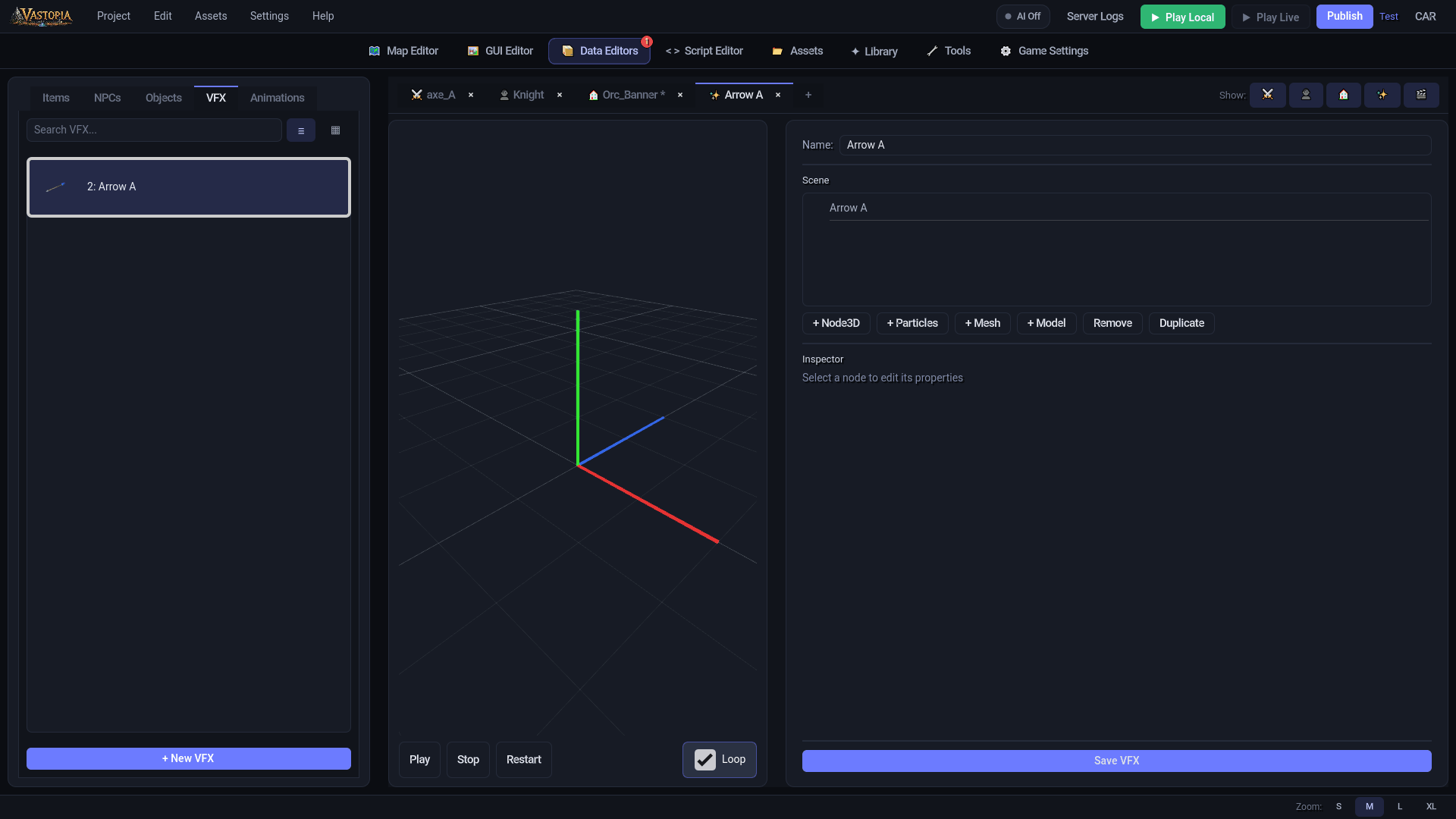 An effect open. Play, Stop, Restart and Loop drive the preview; Save VFX writes the scene The VFX editor: the effect's node tree with Node3D, Particles, Mesh and Model buttons, the 3D preview, and the playback controls