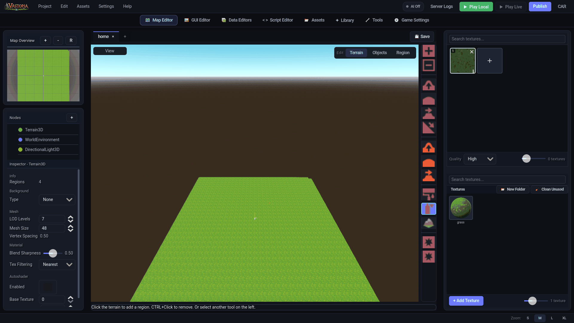 The editor with the ShowCase project's home map open in Terrain mode The Vastopia Editor with a map open: menu bar, mode bar, left panel, viewport and right panel