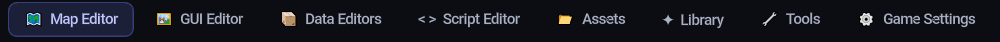 The mode bar: Map Editor, GUI Editor, Data Editors, Script Editor, Assets, Library, Tools, Game Settings