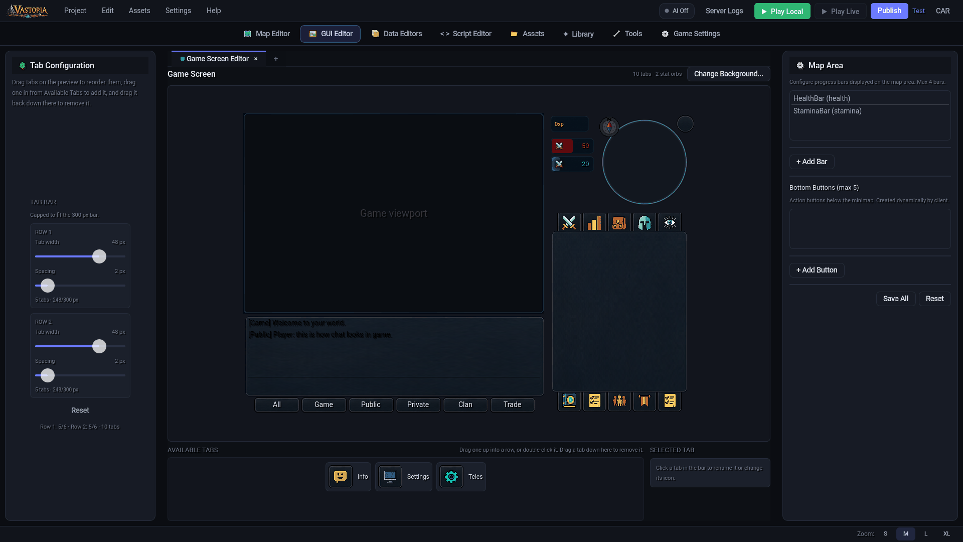 Game Screen mode: the client replica with viewport, minimap, stat orbs, tab bar and chat, with Tab Configuration on the left and Map Area on the right