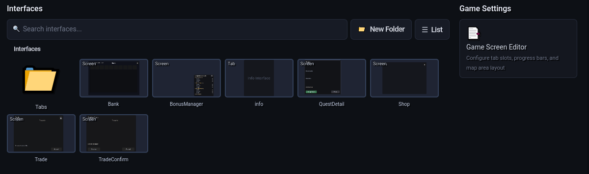 The GUI Editor's interface library showing the project's interfaces as thumbnails