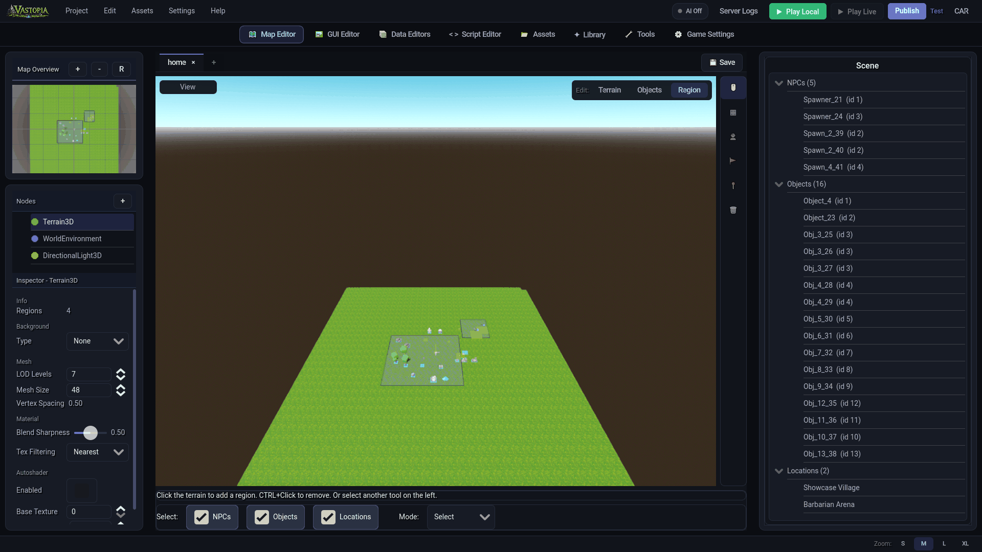 Region mode: the Scene panel lists NPCs, Objects and Locations for the open map Region mode with placed NPCs and objects, the Select filters along the bottom and the Scene panel listing every element