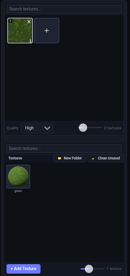 The map's texture slots sit above the library; New Folder and Clean Unused manage the library itself The texture panel: the map's texture slots above, and the project texture library below with material-ball previews