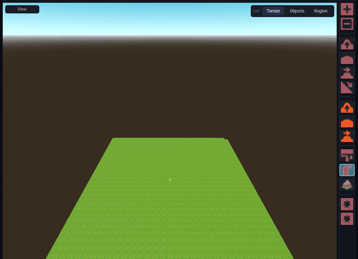 Terrain mode. The Edit: toggle switches between Terrain, Objects and Region The map viewport: the View button top-left, the Edit mode toggle top-right, and the tool column down the right edge