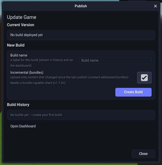 The Publish popup. The top-bar button reads Update once the game has a published listing The Publish popup: current version, a build name field, the Incremental (bundles) option, Create Build, and the build history