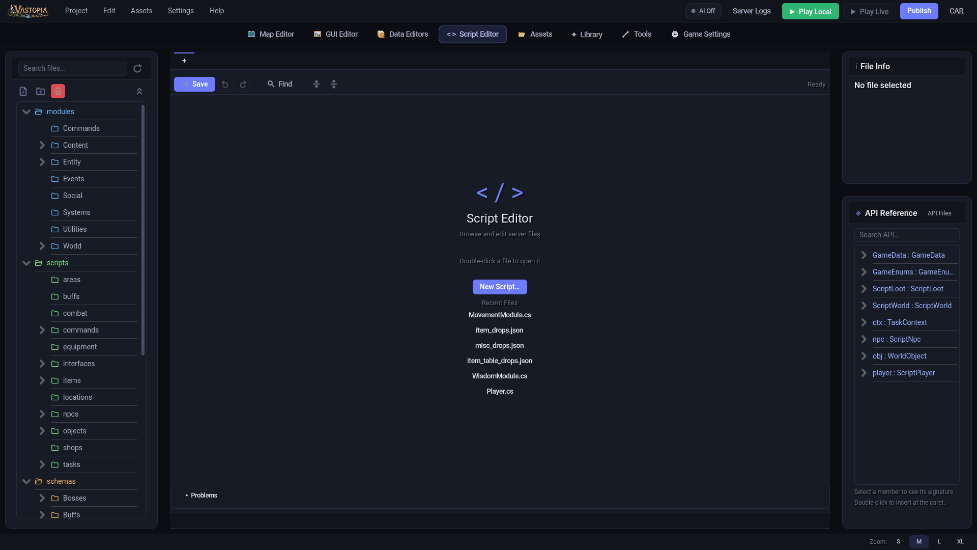 The Script Editor. The API Reference lists ScriptWorld, ScriptPlayer, ScriptNpc and the rest The Script Editor: the modules, scripts and schemas tree, the welcome pane with recent files, and the API Reference panel